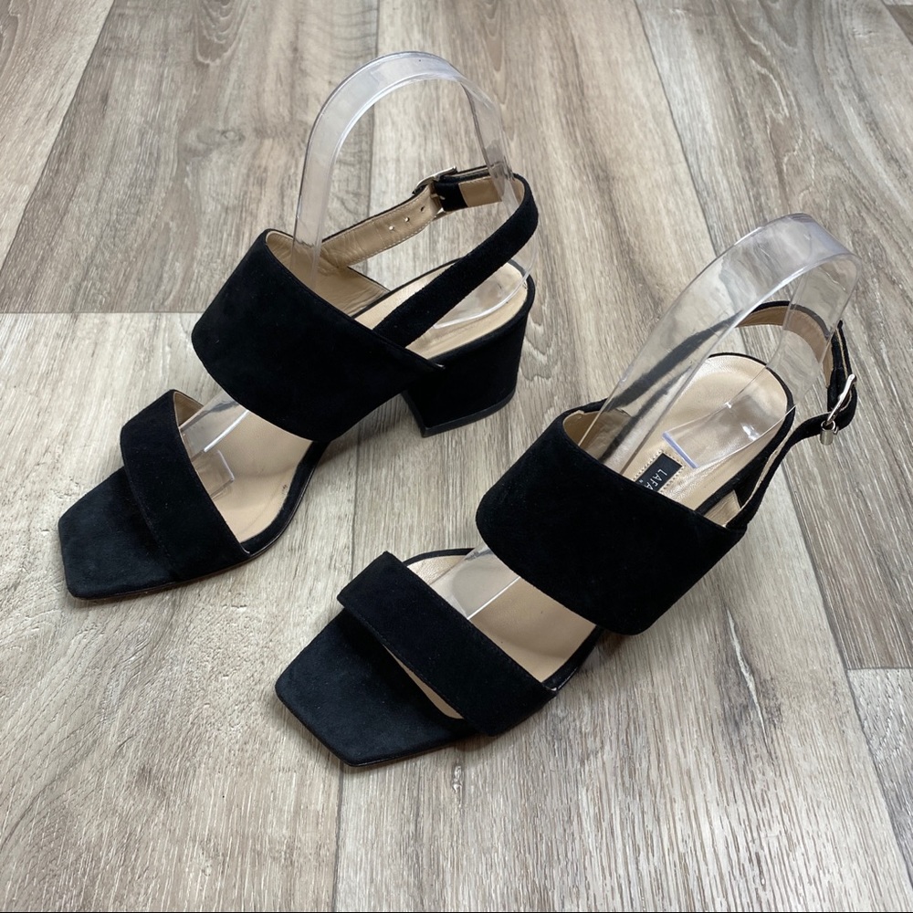 Lafayette 148 New York Black Suede Strappy Block Heel Sandals